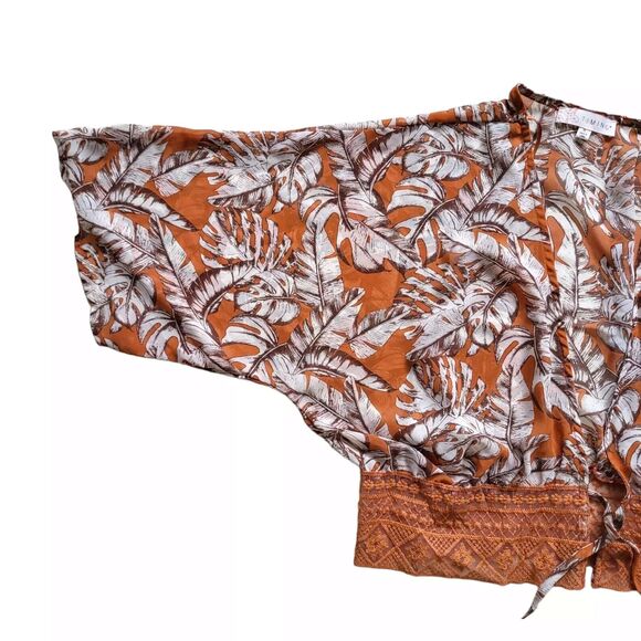 TIMING Blouse Womens XL Orange Wide Sleeve Lace Tie Front Tropical Print Boho - Picture 4 of 7